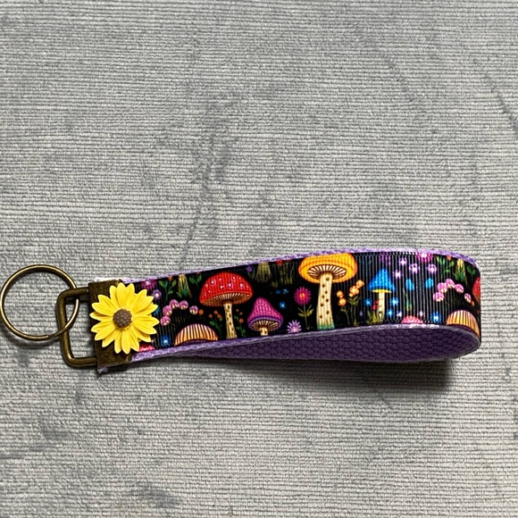 New handcrafted by me, neon mushroom rainbow wristlet with metal keychain, 6” - Picture 5 of 7